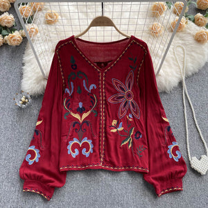 Retro heavy industry embroidered top women's spring and autumn new V-neck loose lantern sleeves ethnic style cotton and linen shirt