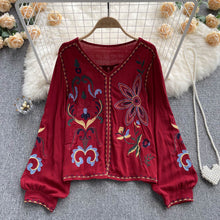 Load image into Gallery viewer, Retro heavy industry embroidered top women&#39;s spring and autumn new V-neck loose lantern sleeves ethnic style cotton and linen shirt