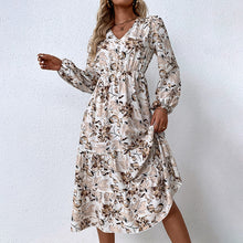 Load image into Gallery viewer, Autumn/winter new womenswear women&#39;s print maxi dress V-neck puff sleeve long dress