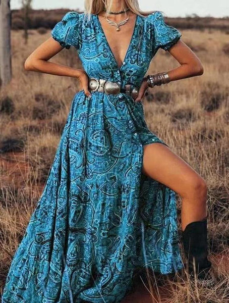 Sexy printed V-neck short-sleeved bohemian holiday dress