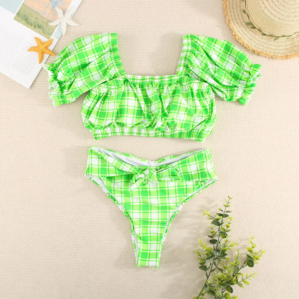 Ruffled contrast color high waist backless bikini two-piece swimsuit for women