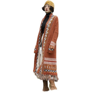Bohemian fringed cardigan ethnic style mid-length sweater loose knitted coat