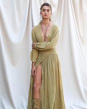 Load image into Gallery viewer, Stylish balloon sleeves cotton hemp resort V-neck split dress