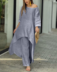 Cotton Linen Fashion Casual Large Size Irregular Long Sleeve Suit Wide Leg Pants Two Piece Set