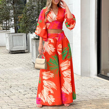 Load image into Gallery viewer, New Sweet Printed V-Neck Lantern Sleeve Short Shirt High Waist Wide Leg Pants Two Piece Set