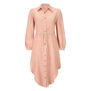 Long-sleeved temperament shirt mid-length tie-up waist dress