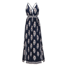 Load image into Gallery viewer, Sexy vintage print slit backless lace-up dress bohemian beach maxi summer