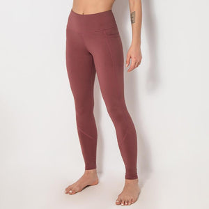 Spliced pocket size double-sided nylon high elastic sports high waist hip tight yoga pants women.
