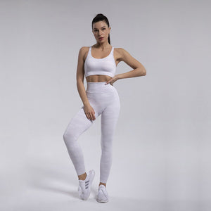 Seamless knitted camouflage yoga wear women's sports bra beauty back sweat-absorbent running pants suit