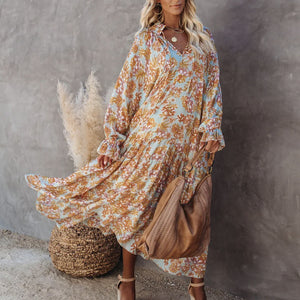 Spring and summer new ladies dress bohemian long skirt small floral beach dress