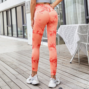 Tie-dye high-waist fitness yoga pants peach hips sports leggings quick-drying running cropped pants