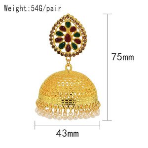 New Nepalese National Style Gold-plated Earrings Bell Pearl Earrings Inlaid with Colored Diamond Palace Retro Earrings
