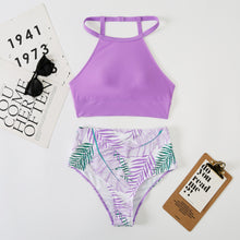 Load image into Gallery viewer, Swimsuit women&#39;s split high waist leaf print solid color bikini