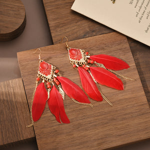 Fringed bohemian red earrings, vintage feather earrings