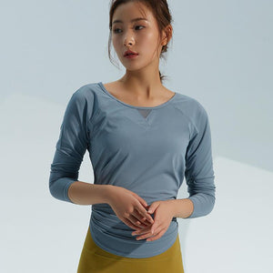 Autumn yoga clothes ladies loose mesh stitching long sleeve fitness clothes sports jacket running quick-drying breathable T-shirt.