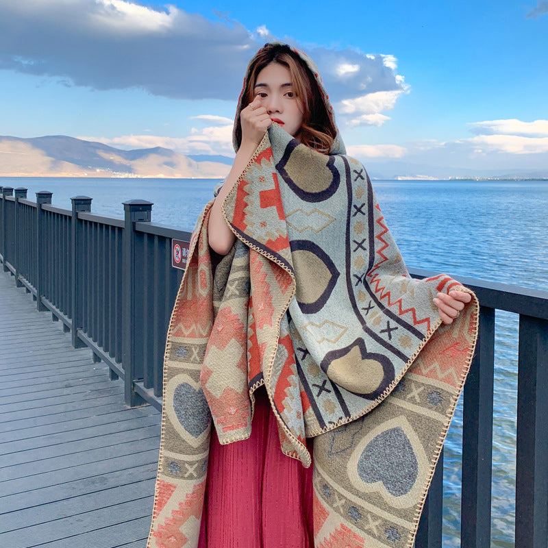Tibetan ethnic shawl women's Autumn hooded cloak air-conditioned room warm cloak scarf