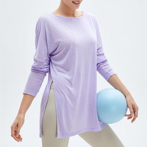 Sports blouse women's long-sleeved loose fitness top quick-drying double-sided slits to cover the meat and thin yoga clothes