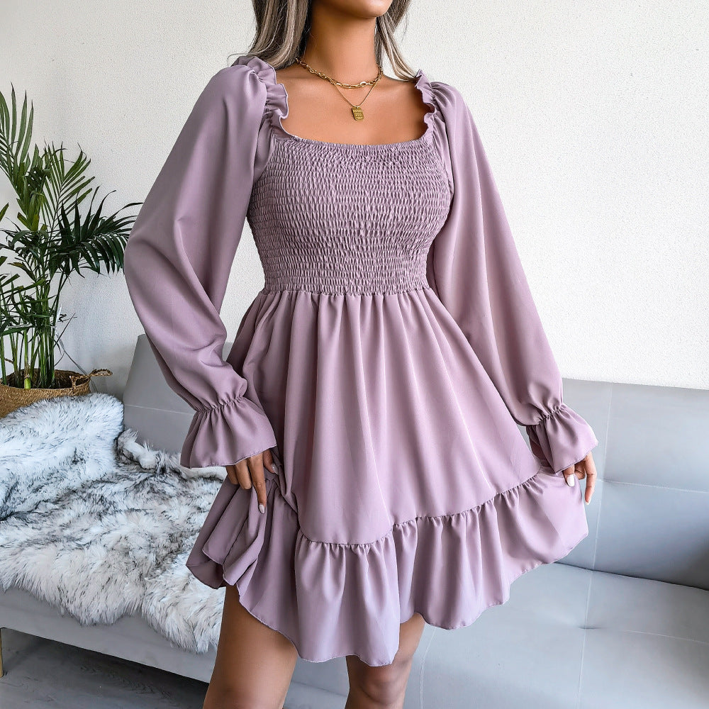 Square Neck Flared Long Sleeve Ruffle Swing Dress