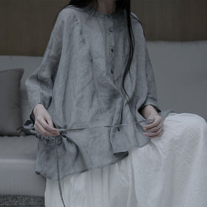 Ice Silk Grey Doll Sleeve Drawstring Loose Effortless Shirt Top