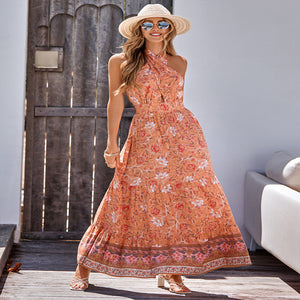 Bohemian print casual halterneck maxi dress