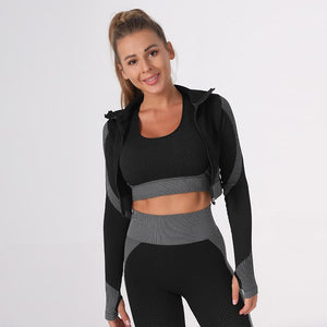 Seamless yoga exercise suit hip lift elastic fitness suit zipper top Sweatshirt three piece women's suit