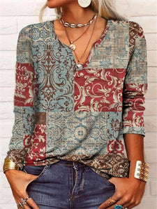 Loose long sleeve floral V-neck T-shirt undershirt woman