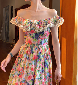 One shoulder tea break skirt off-the-shoulder oil painting print dress women's spring