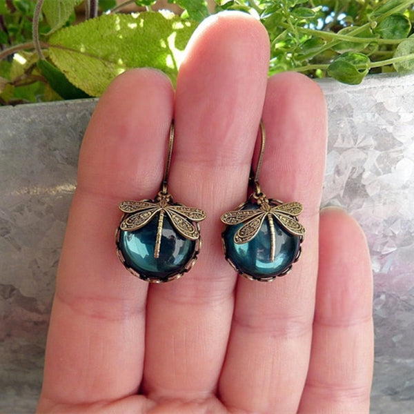 Vintage dragonfly green crystal pendant earrings bohemian earrings