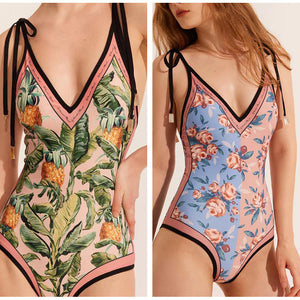 Vintage two-sided woman wearing one-piece swimsuit