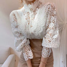 Load image into Gallery viewer, French Loose Chic Button Heavy Lace Cutout Flower Panel Long Sleeve Stand Collar Shirt