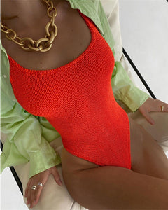 Special fabric crinkle cloth wavy strip candy color one-piece swimsuit for women fluorescent crinkle cloth swimsuit