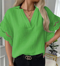 Load image into Gallery viewer, New Summer Lace Trim V Neck Short Sleeve Casual Shirt