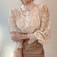 Load image into Gallery viewer, French Loose Chic Button Heavy Lace Cutout Flower Panel Long Sleeve Stand Collar Shirt