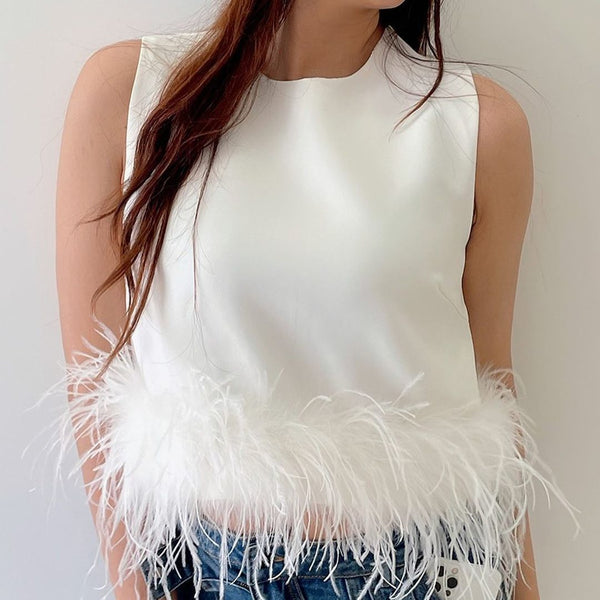 Back Zip Sleeveless Panel Feather Tank Top T-Shirt