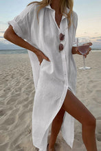 Load image into Gallery viewer, Solid color casual long sleeve midi cotton linen shirt dress