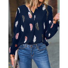 Load image into Gallery viewer, Women&#39;s V-neck feather print long sleeves loose T-shirt blouse