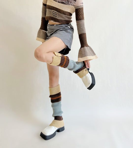 Autumn/winter vintage button opening British American college babes color block contrast stacked knitted sweater leg oversocks