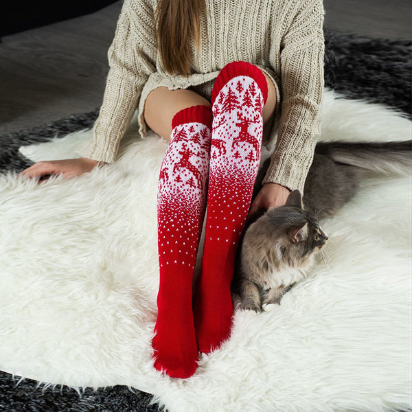 Christmas elk long tube wool pile over the knee pile sock woman