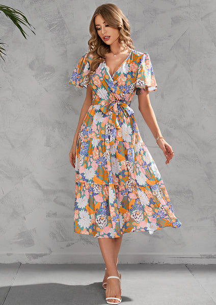 Summer print V-neck midi midi dress with a nipped-in waist