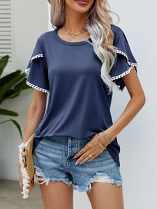 Summer new round neck fringed tulip sleeve T-shirt casual top woman