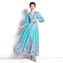 Load image into Gallery viewer, Spring and autumn V-neck long sleeves temperament, ruffled lace balloon sleeves, long print waist dress