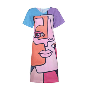 The Pop-up Face Print V-neck Short-sleeve Floral Colorful Women's BOHO Dress