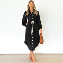 Load image into Gallery viewer, Long-sleeved temperament shirt mid-length tie-up waist dress