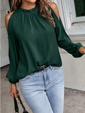 Load image into Gallery viewer, New women&#39;s net color ruffle round neck, long sleeves, creased pleats, off-the-shoulder fashion blouse