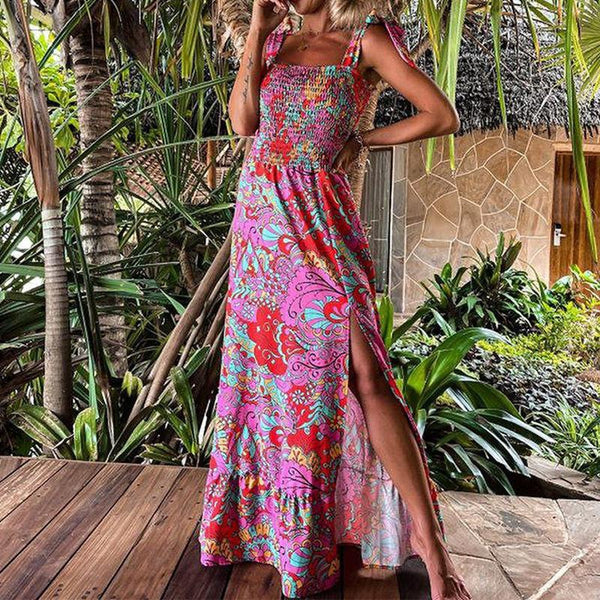 Sexy printed suspender party diagonal collar bow split sleeveless Ruffle Dress