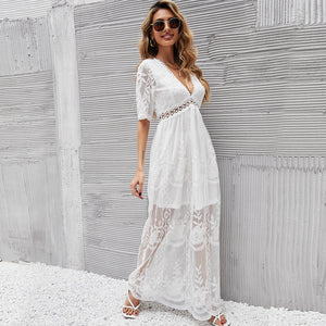 Lace dress sexy V-neck embroidered solid color maxi dress