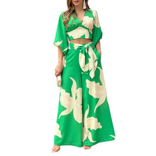 Load image into Gallery viewer, New Sweet Printed V-Neck Lantern Sleeve Short Shirt High Waist Wide Leg Pants Two Piece Set
