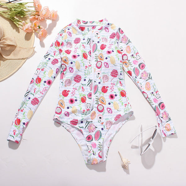 Women's One Piece Long Sleeve Surfwear Multicolor Print Zip Swimsuit