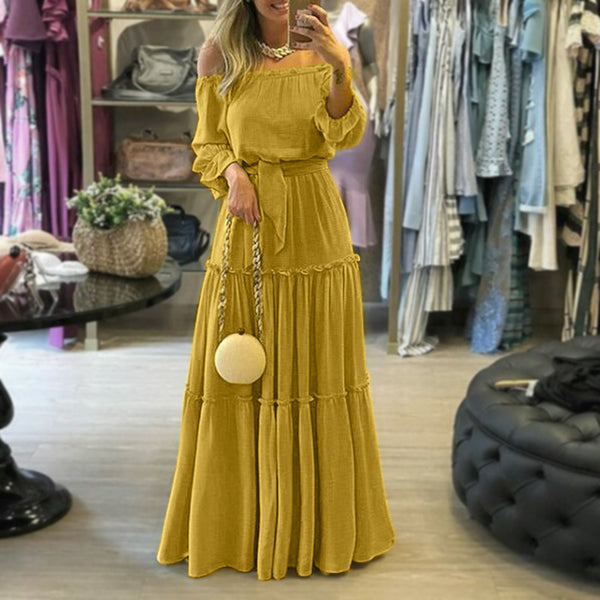 Summer lace-up ruffled bohemian sexy off-the-shoulder maxi dress for women