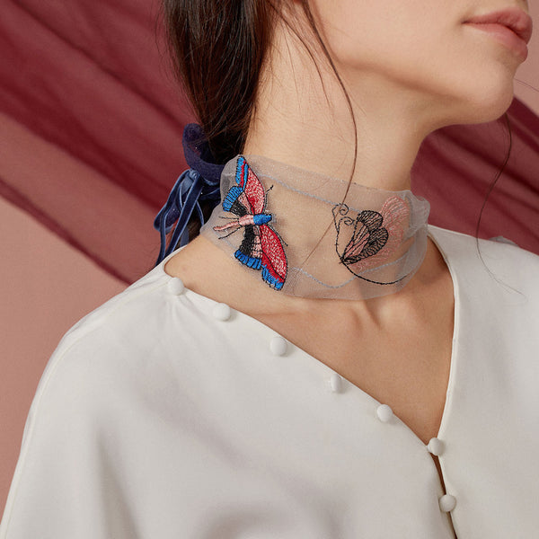 Summer thin embroidery butterfly narrow strip silk scarf women spring and autumn versatile fashion gauze scarf women